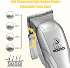 Gooad pet hair clipper interchangeable attachment heads including the specialized precision paw trimmer and the rotating electric nail grinder tool.