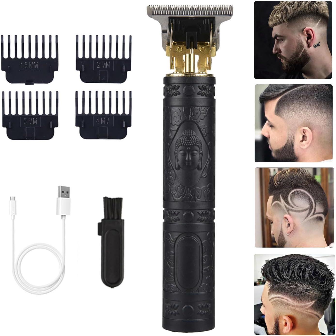 Soieho professional cordless hair clipper front view showcasing the intricate engraved vintage design handle.