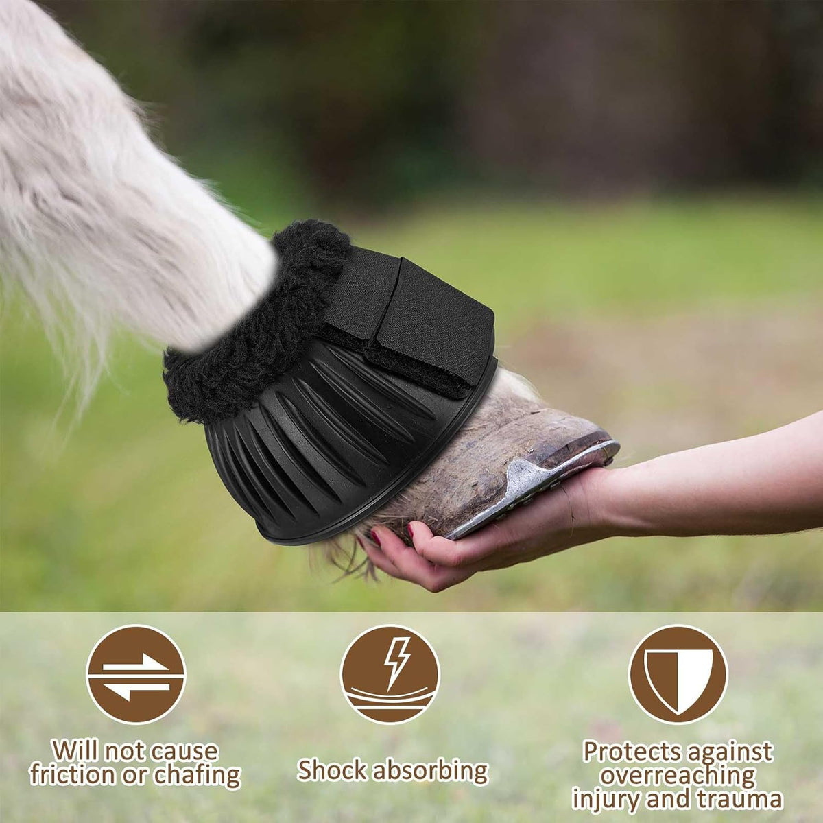 Abbylike turnout boots for horses emphasizing the 360 degree overreach protection design.