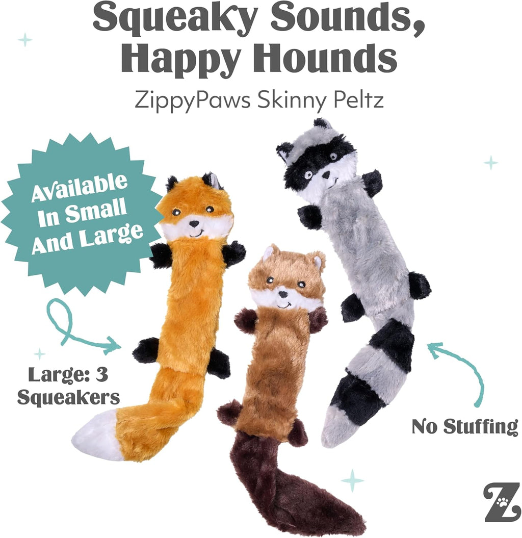 Large eighteen inch ZippyPaws plush raccoon dog toy with built in interactive squeakers