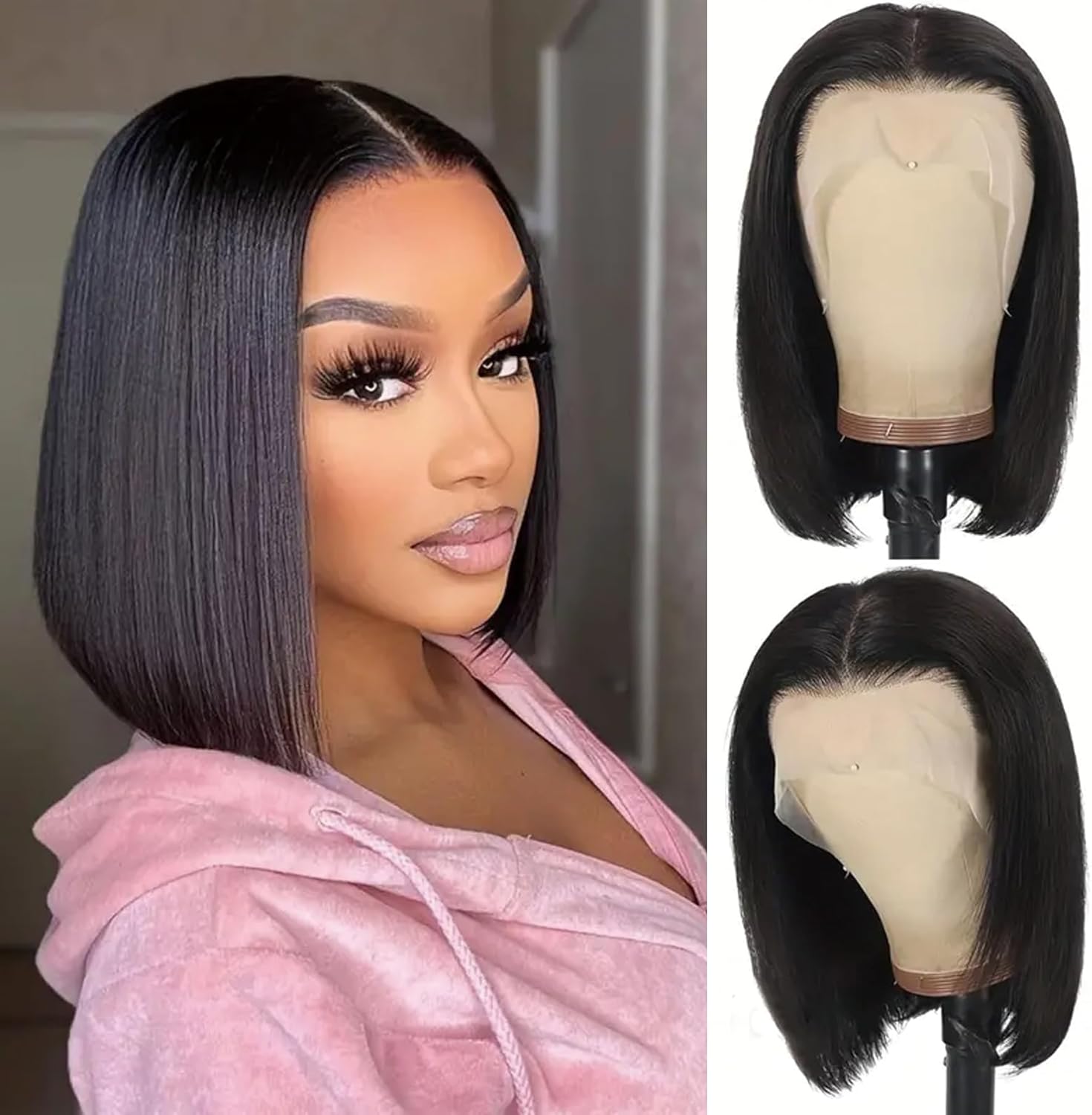 Kerberey 10 inch human hair lace front bob wig front view on a model showing natural black straight hair