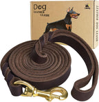 LWBMG Genuine Leather Dog Leash front view showing dark brown braided leather texture.