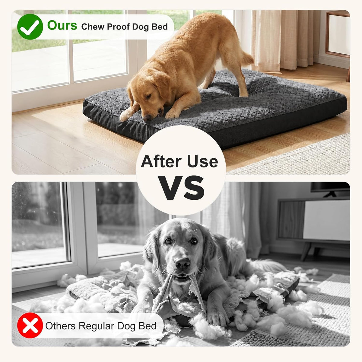 Grey large chew proof dog bed on wooden floor