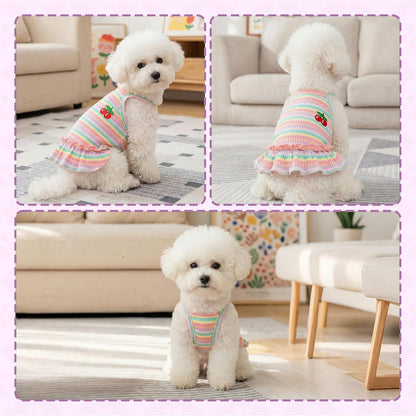 Side view of cherry print dog dress for small breeds