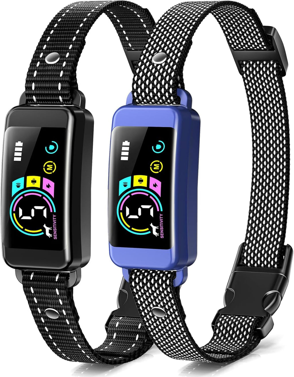 Two Keoge bark collars showing sensitivity control buttons