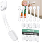 Infinno 12 pack cabinet locks front view of baby proofing latches packaging.
