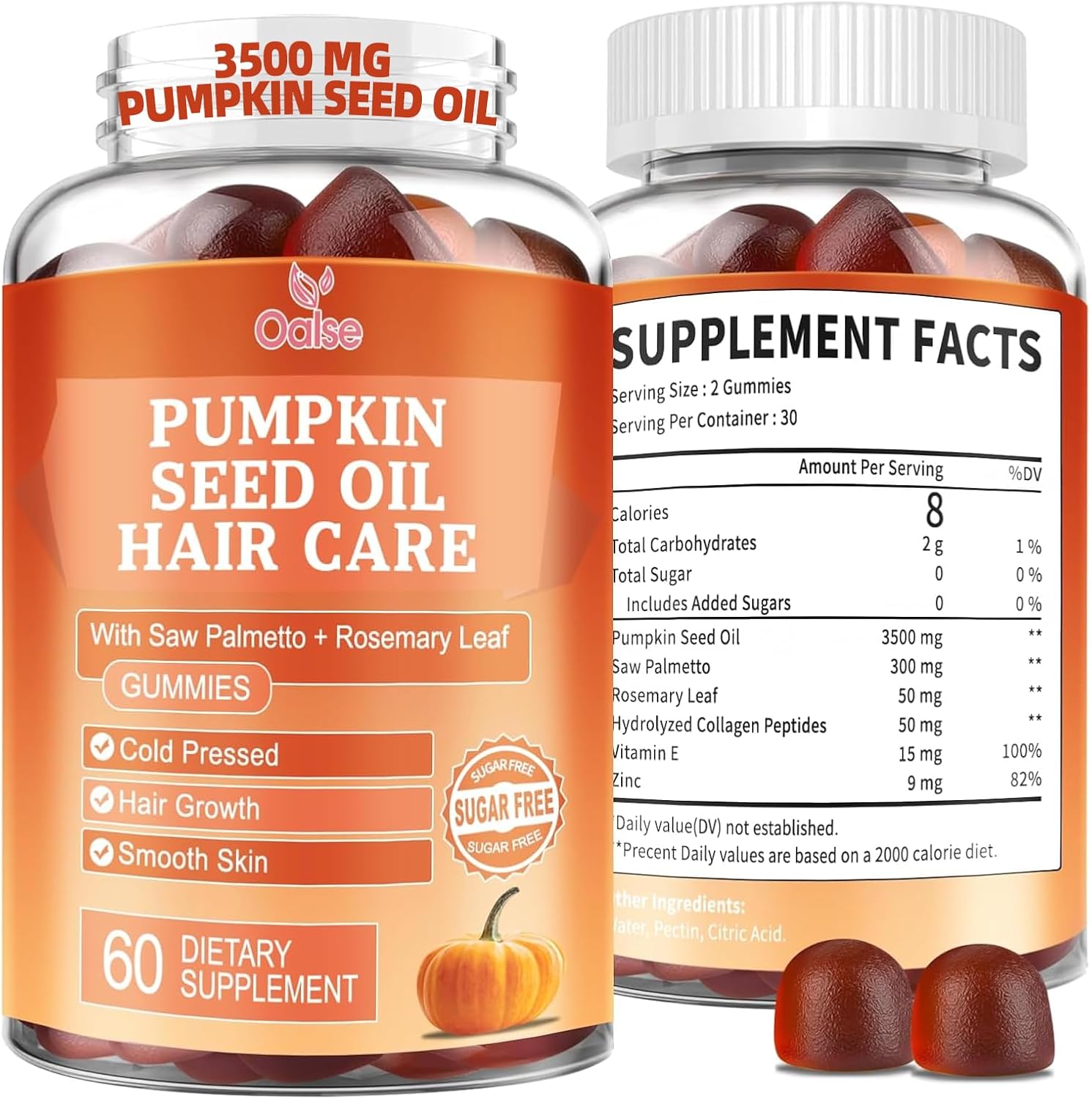 Oalse Pumpkin Seed Oil and Saw Palmetto hair support gummies bottle front view
