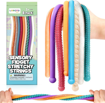LESONG sensory stress toys pack of eight multi colored textured stretchy strings front view