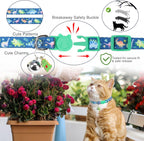Three pieces of colorful breakaway pet collars with bells laid out flat