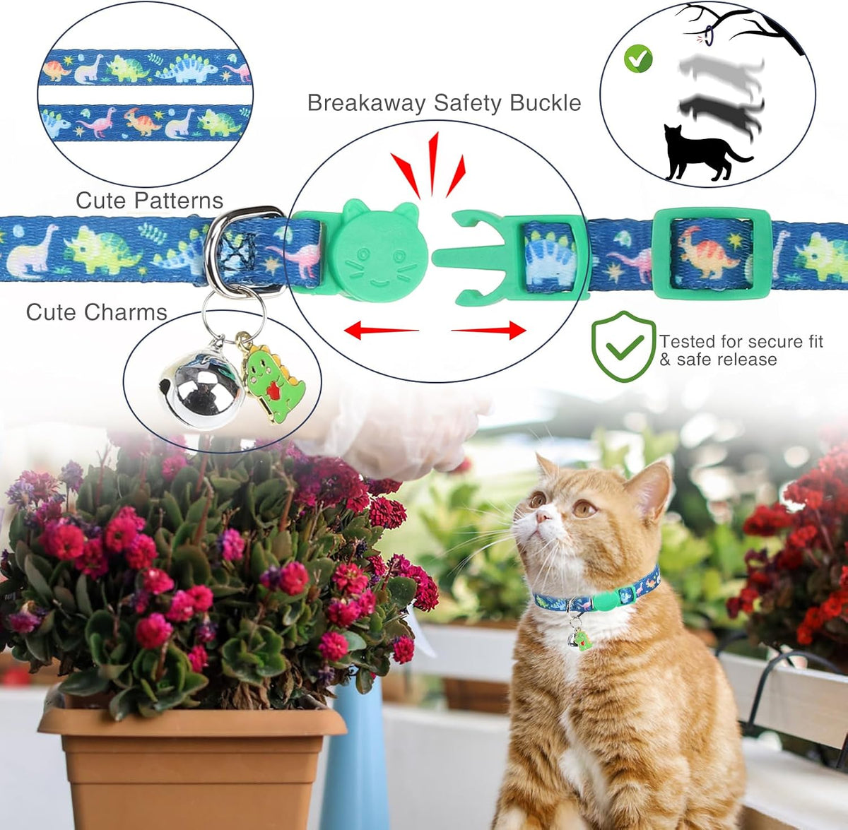 Three pieces of colorful breakaway pet collars with bells laid out flat