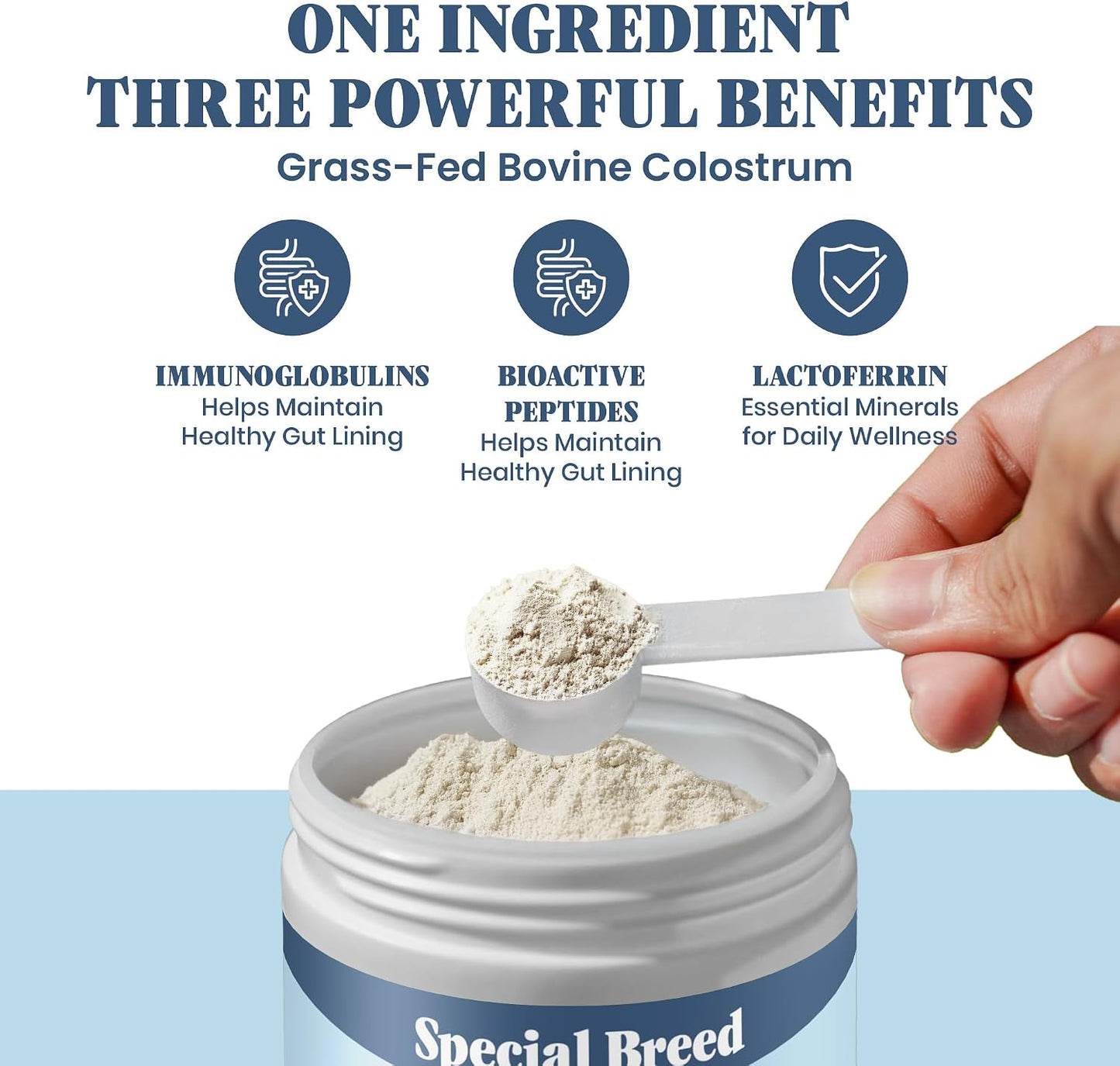 Premium bovine colostrum supplement container showing three hundred count serving size.
