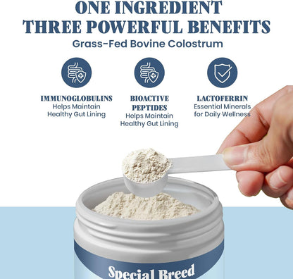 Premium bovine colostrum supplement container showing three hundred count serving size.