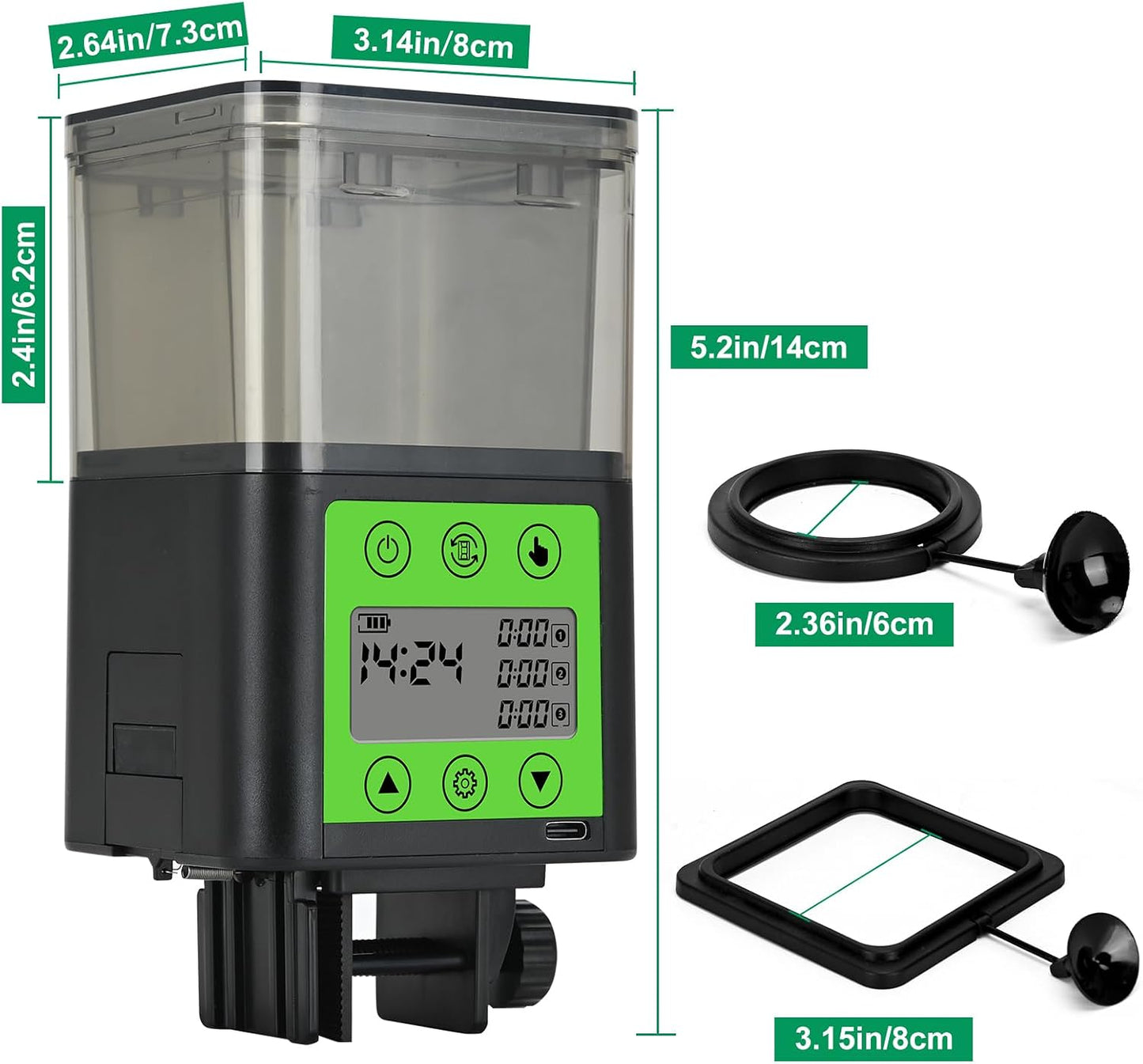 Lychee smart fish food dispenser displaying the adjustable moisture proof feeding outlet holes.