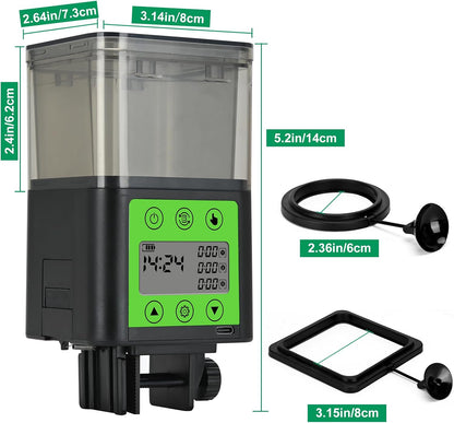 Lychee smart fish food dispenser displaying the adjustable moisture proof feeding outlet holes.