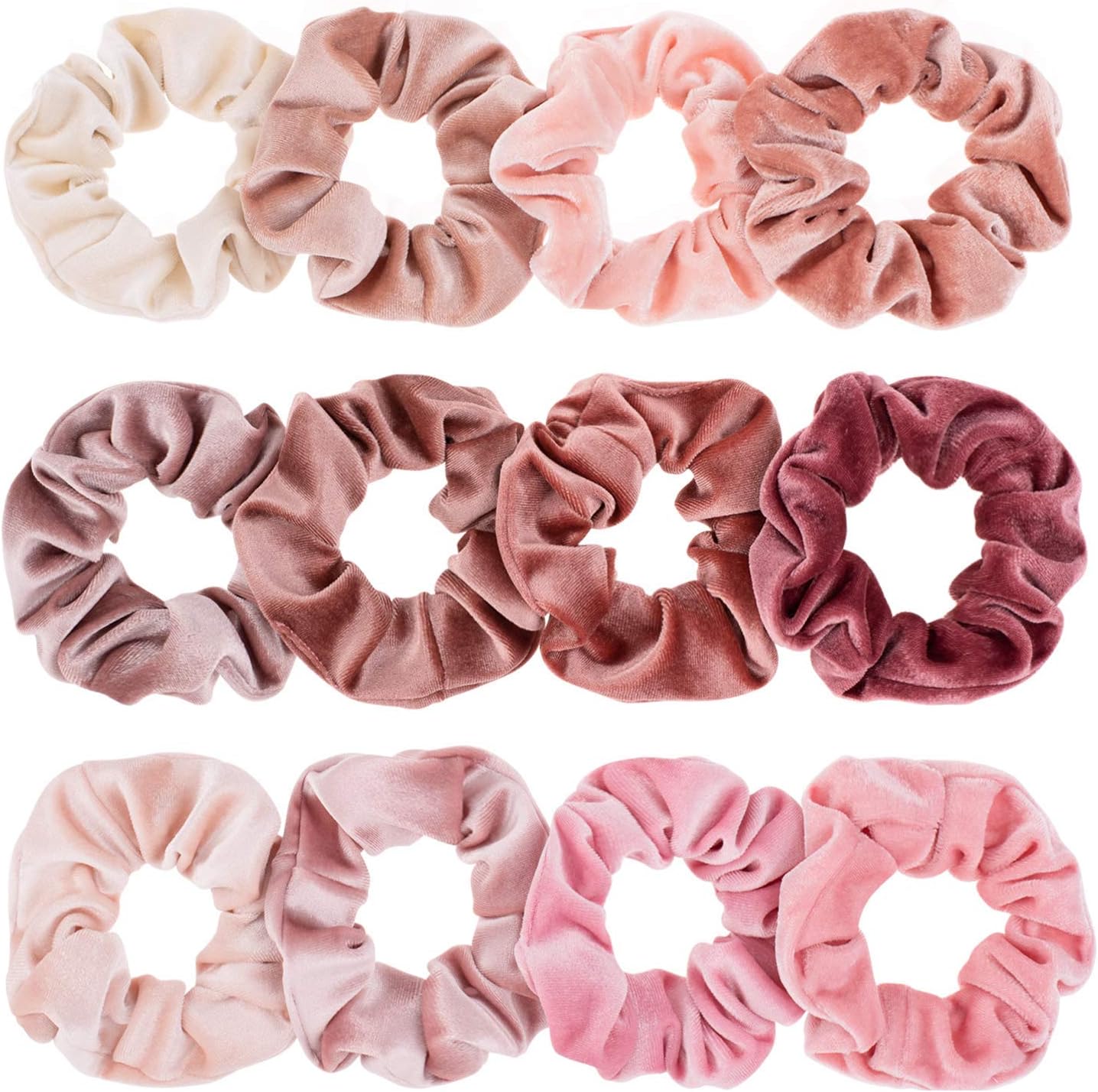 Whaline blush theme velvet hair scrunchies front view displaying twelve pink and brown shades.
