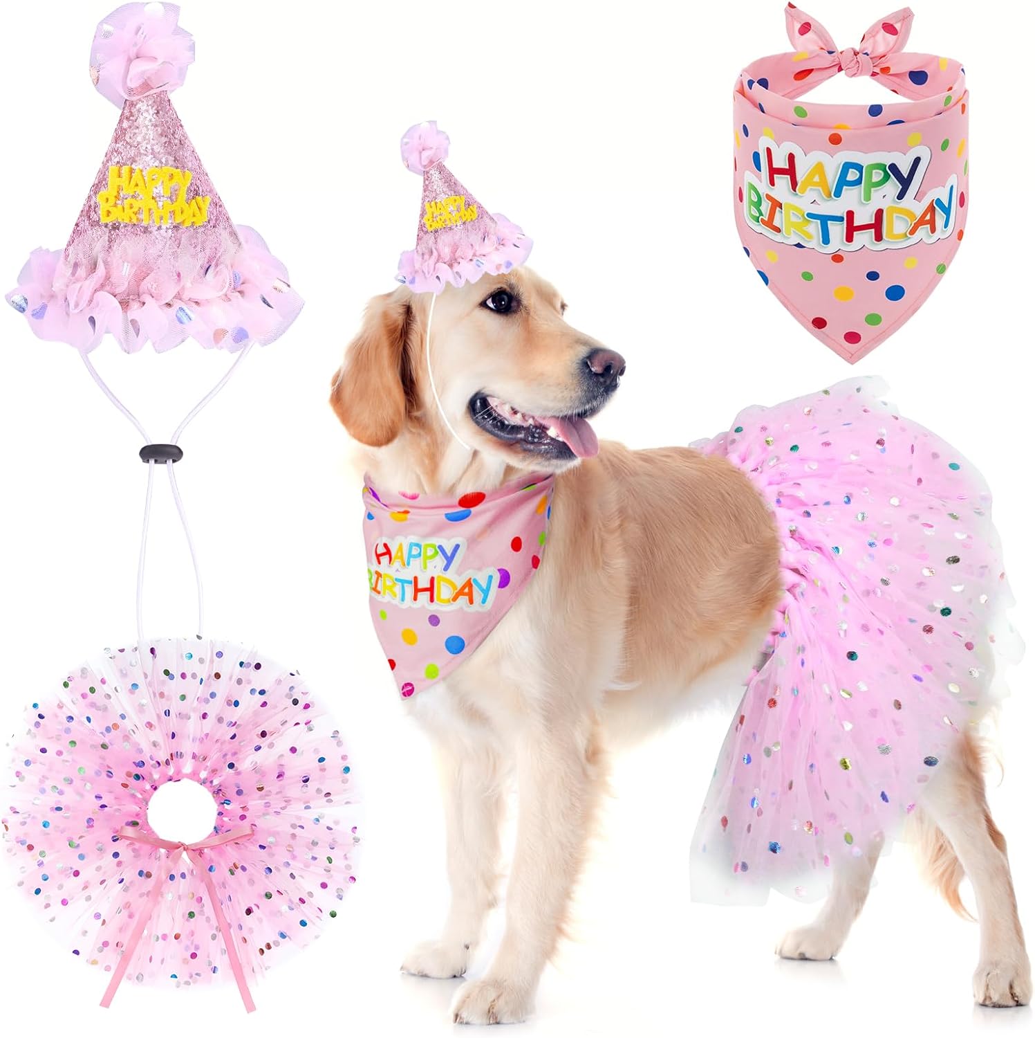 SCENEREAL Dog Birthday Bandana with Hat and Dress Girl Set, Puppy Birthday Party Supplies, Cute Pink Tutu Skirt Outfit for Small Medium Large Dogs - Image 14