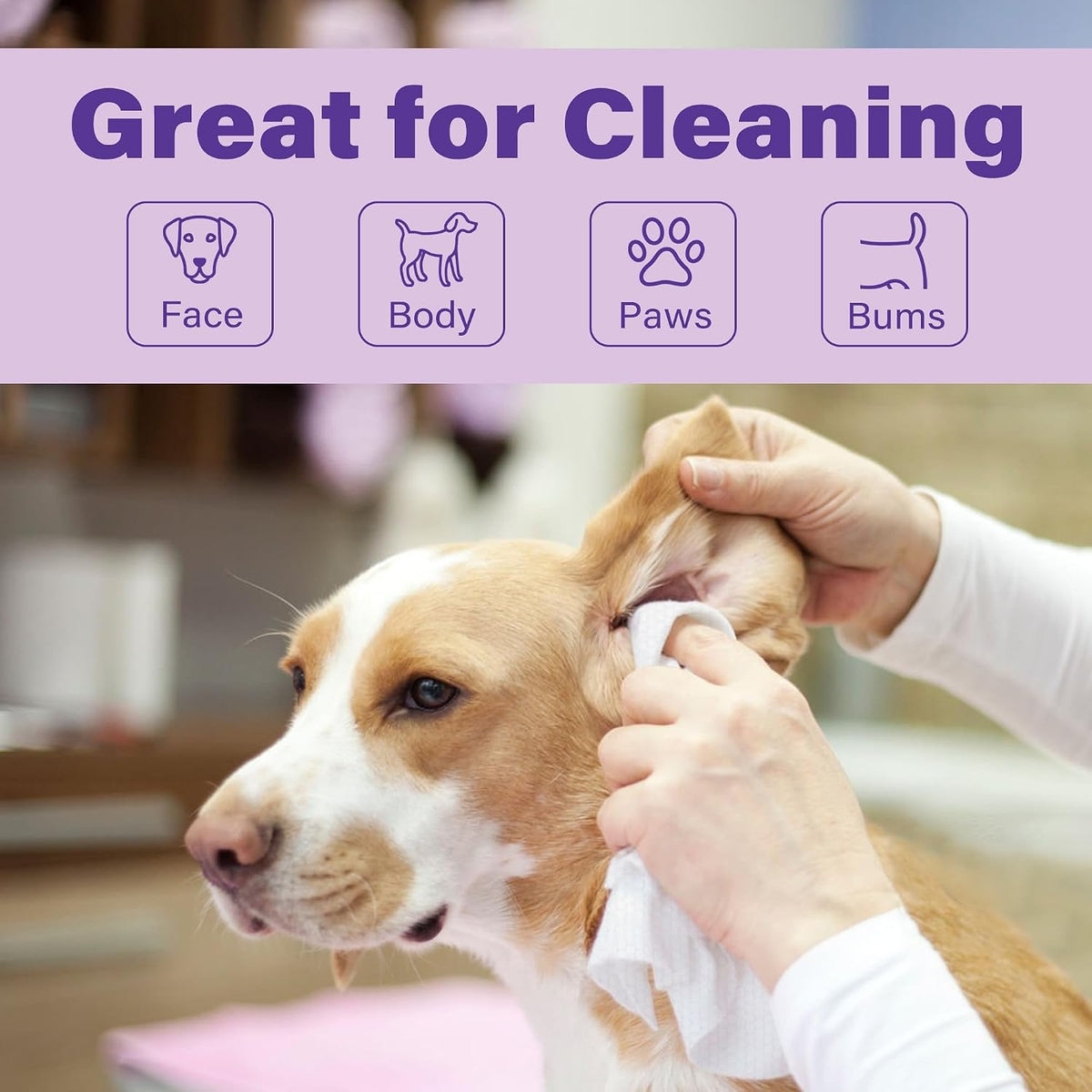 Natural ingredients callout on PrimePets dog grooming sheets highlighting aloe vera and oatmeal.