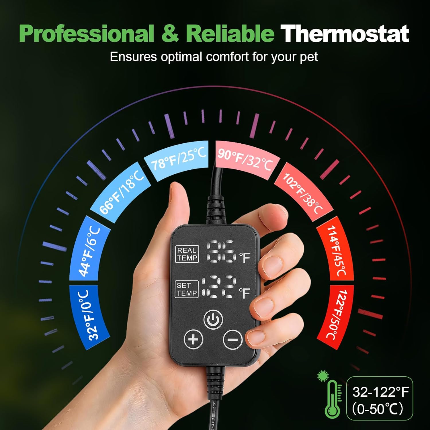 Under tank terrarium heater mat showing the attached digital thermostat controller system.