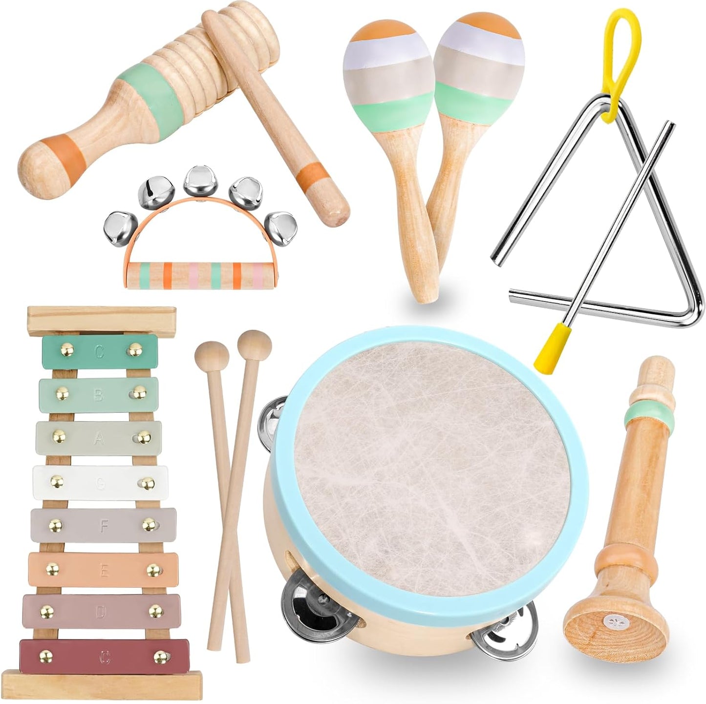 Raimy Kids Musical Instruments Set front view layout showing the entire eight piece wooden collection on a neutral background
