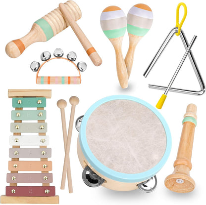 Raimy Kids Musical Instruments Set front view layout showing the entire eight piece wooden collection on a neutral background