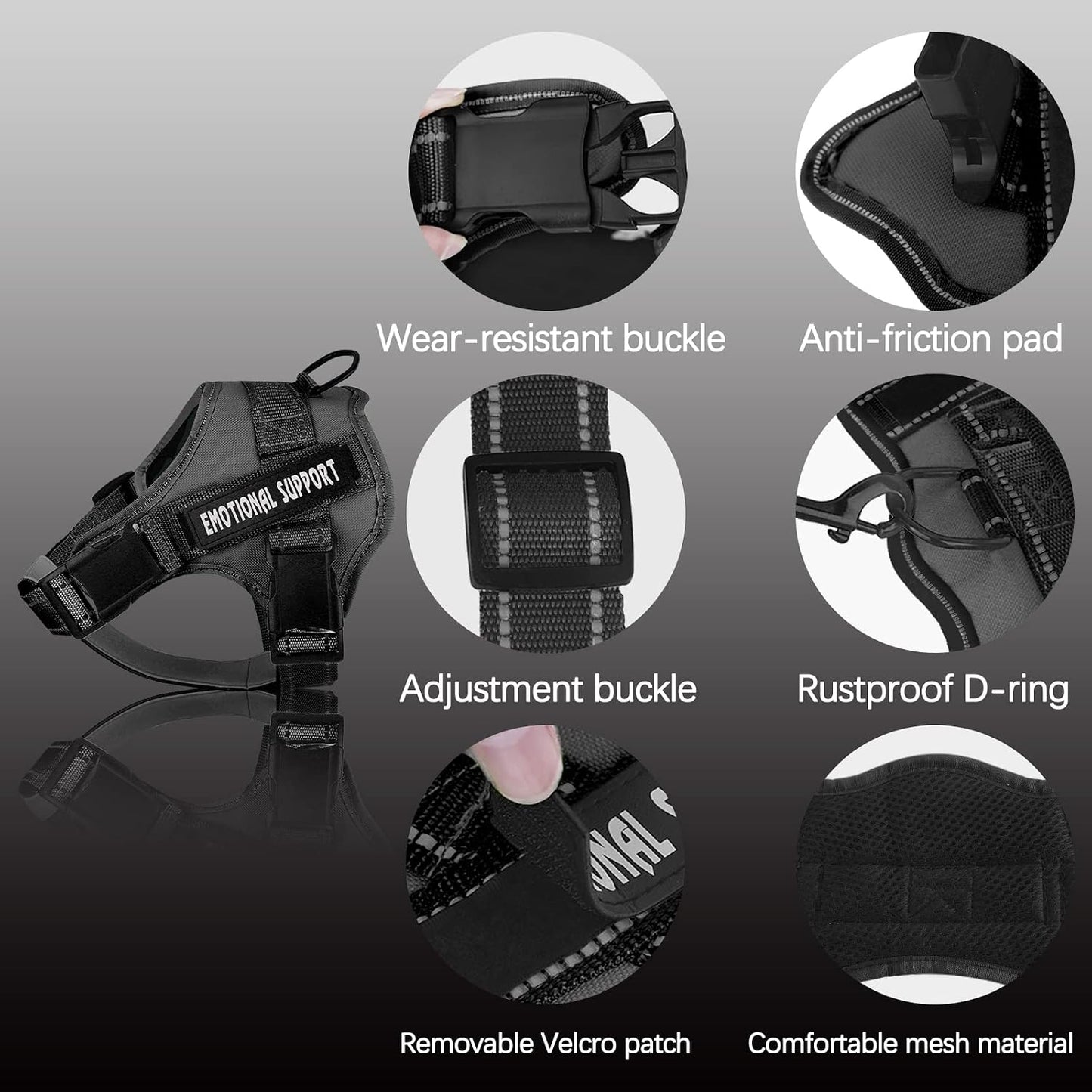 Black voopet emotional support animal harness with removable tags side view
