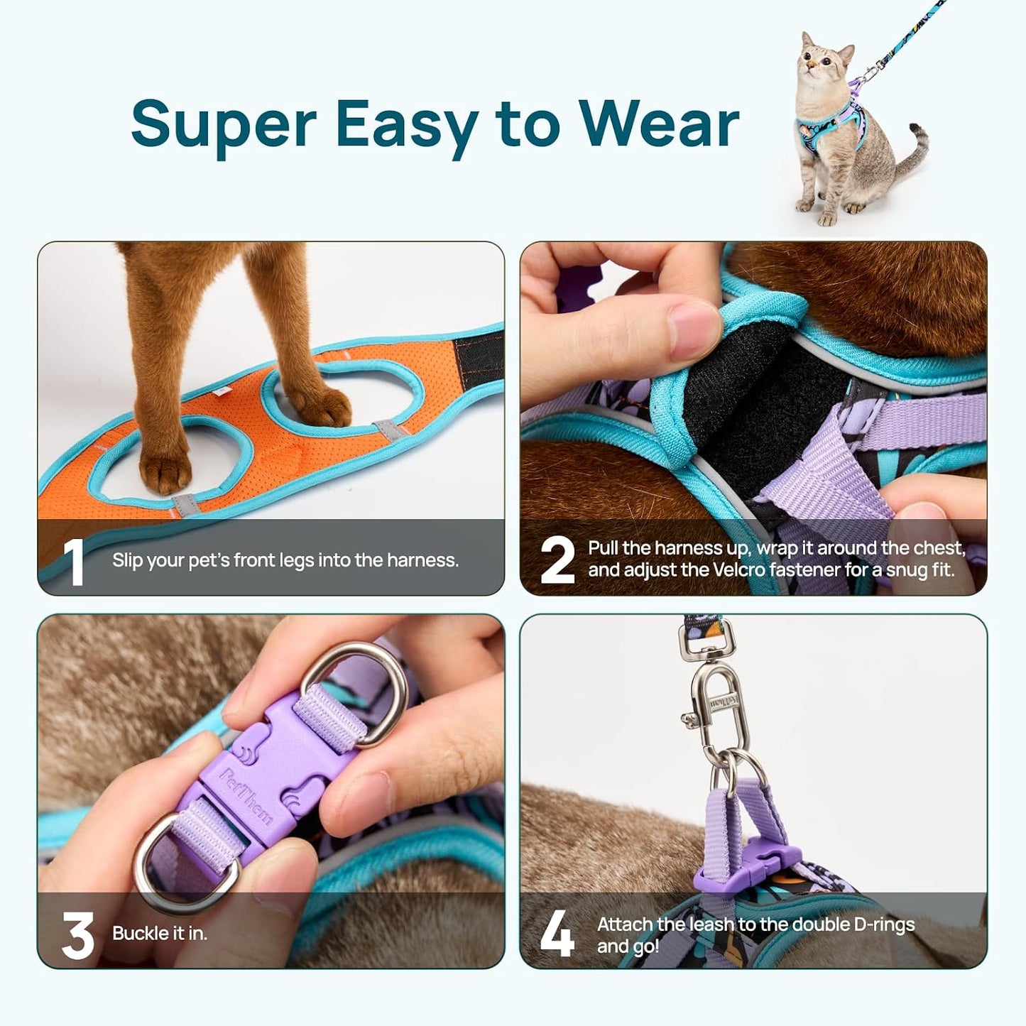 PetThem escape proof vest harness side view on a cat.