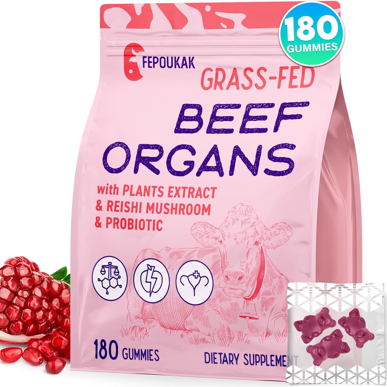 Fepoukak Beef Organ Supplement for Women 180 Gummies front view bottle