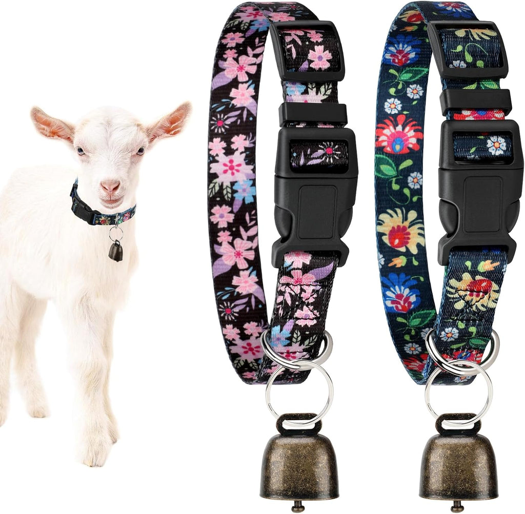 Gindoor goat collars with bells front view of black printed nylon straps with bronze grazing bells