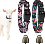 Gindoor goat collars with bells front view of black printed nylon straps with bronze grazing bells