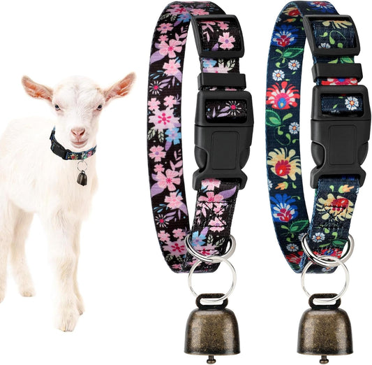 Gindoor goat collars with bells front view of black printed nylon straps with bronze grazing bells