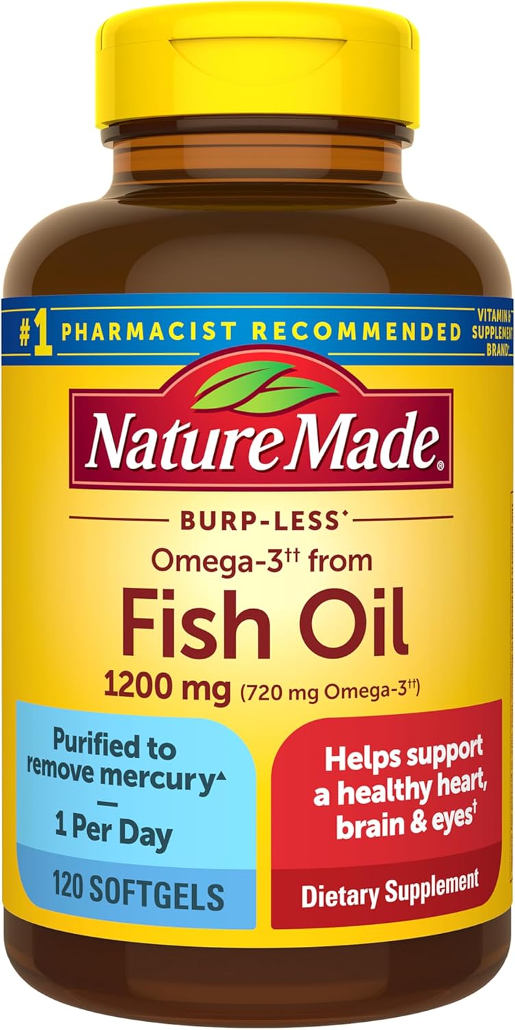 Close up of Nature Made 100 count fish oil bottle highlighting 360mg active Omega 3 content