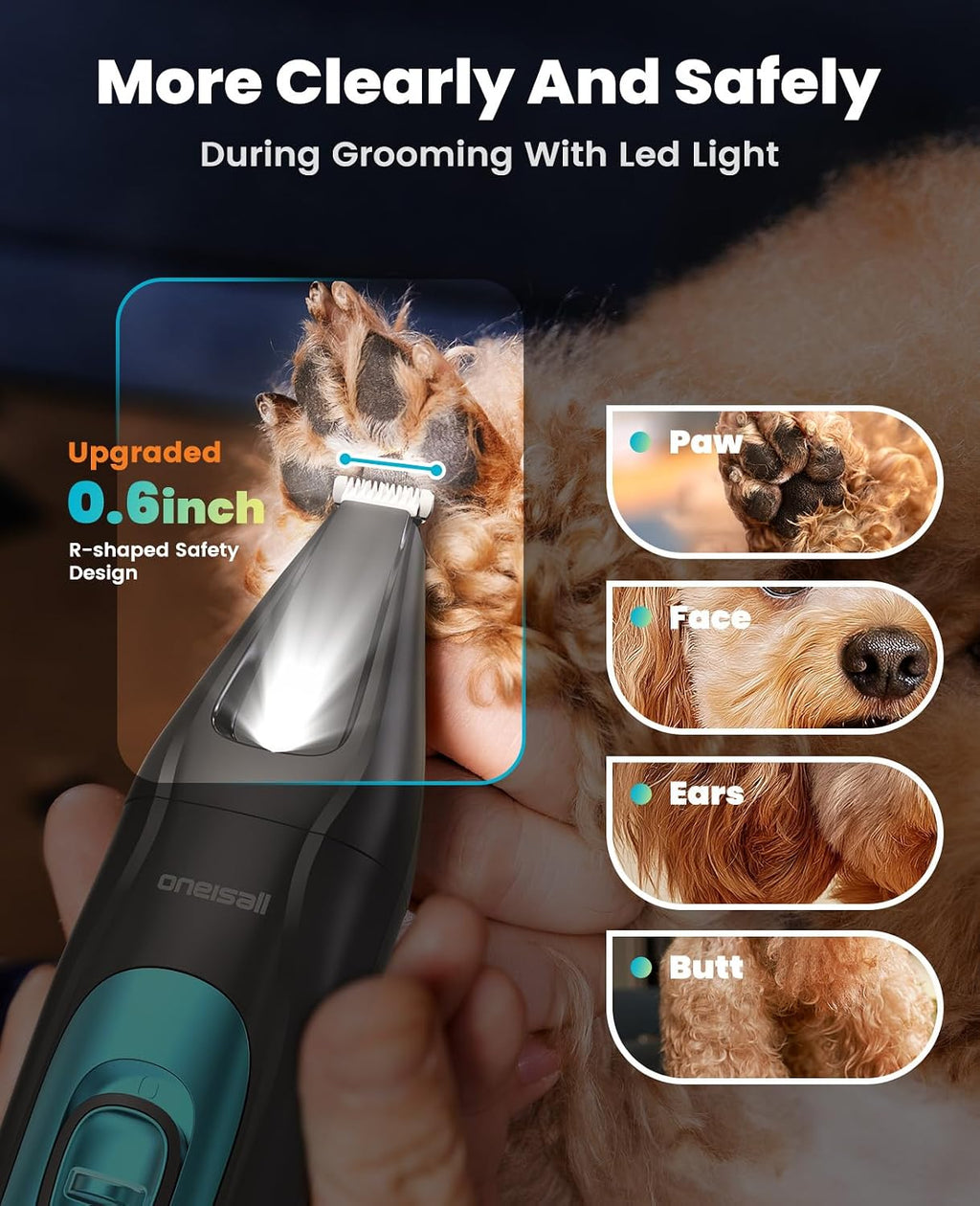 Close up view of the digital battery display on the cordless pet shaver handle.