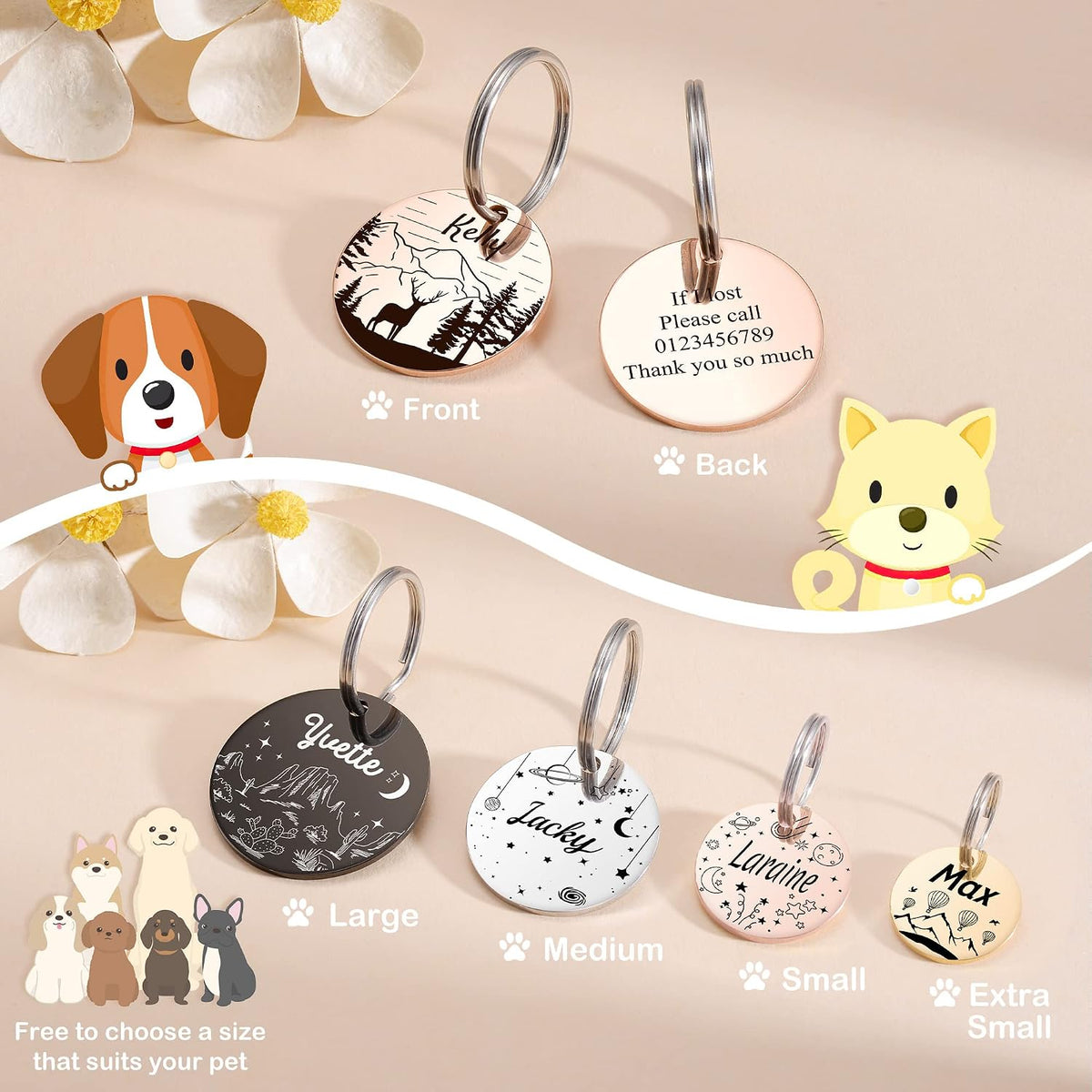 GISUERY personalized round pet name tag package demonstrating the two included strong split rings for collar attachment