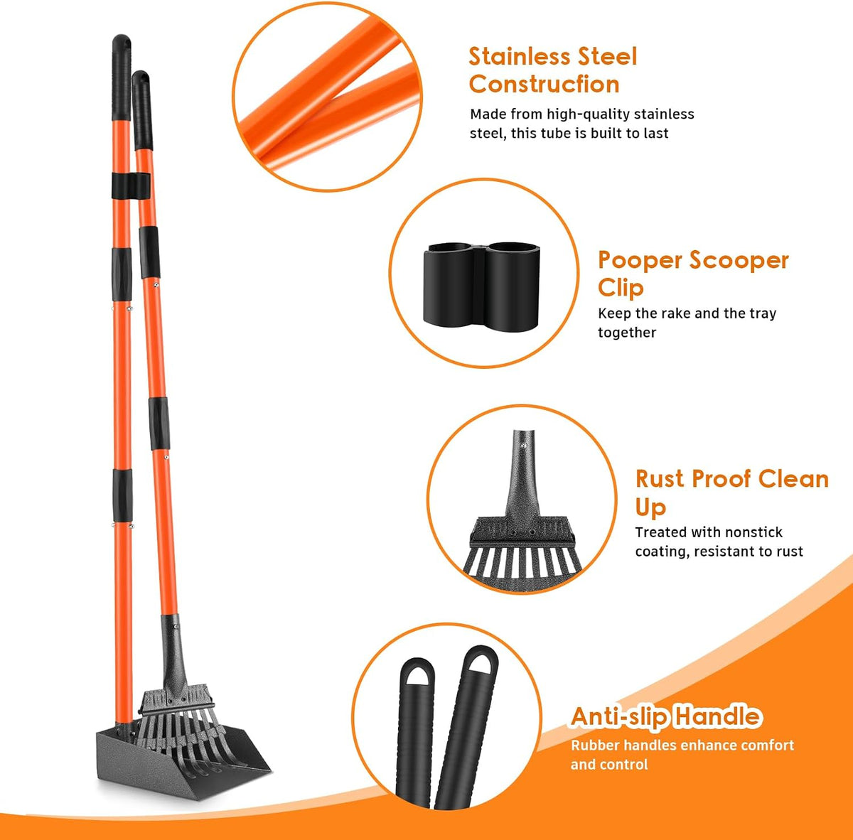 Heavy duty stainless steel pet waste tray and rake on backyard grass surface.