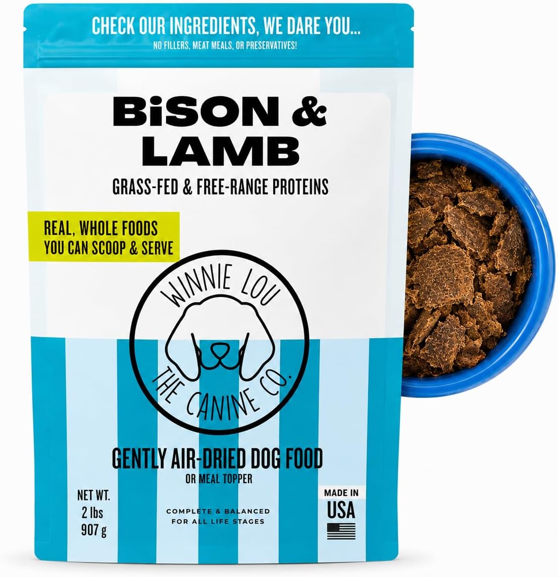 Winnie Lou Air Dried Dog Food Bison and Lamb front packaging view showcasing authentic USA imported pet food.