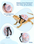 Bearded dragon pink backpack toy with functional zippers for small reptiles.