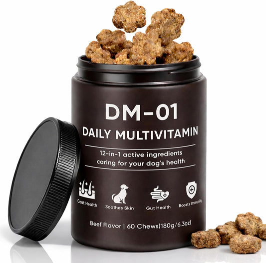 Eyutrd DM-01 daily multivitamin for dogs front packaging showing beef flavor label