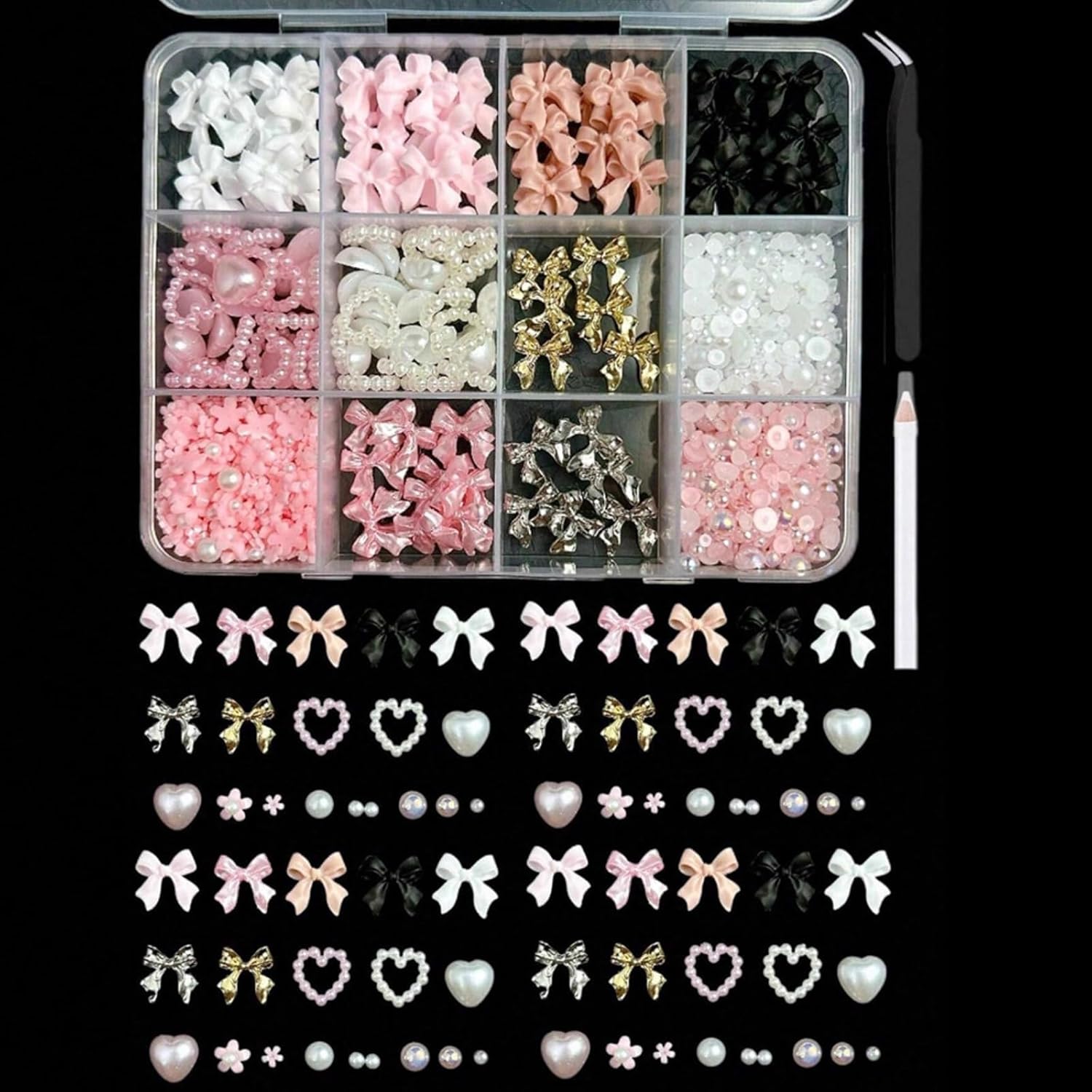 Wondereve nail art decorations kit with 12-grid box and assorted charms.