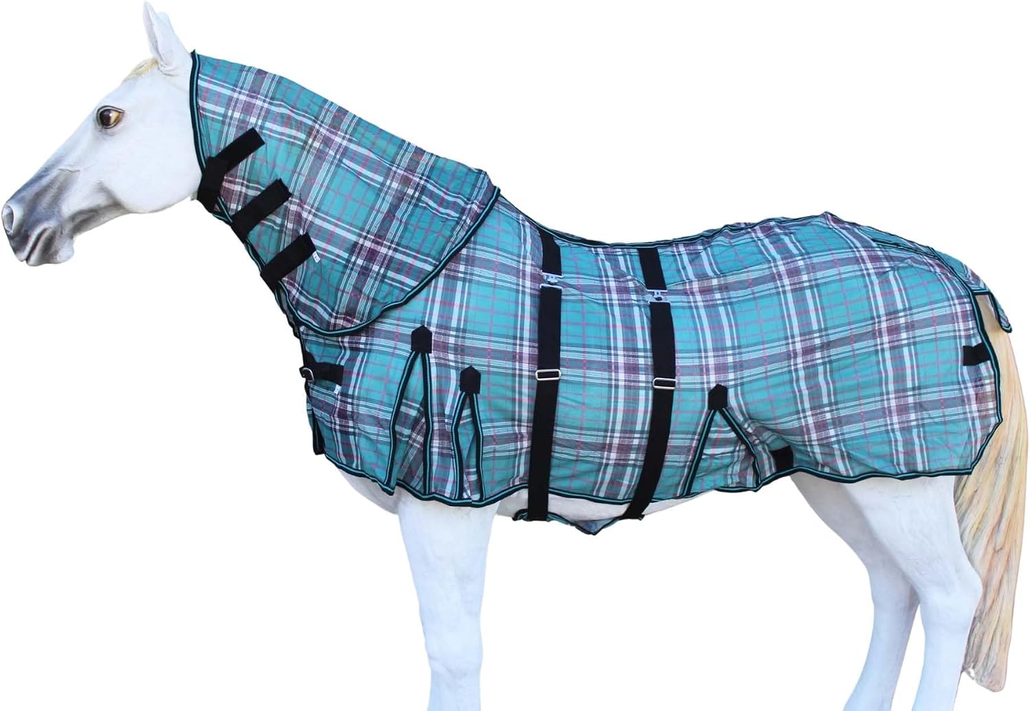 Challenger model 73110 horse sheet front buckle closure and secure strap mechanisms