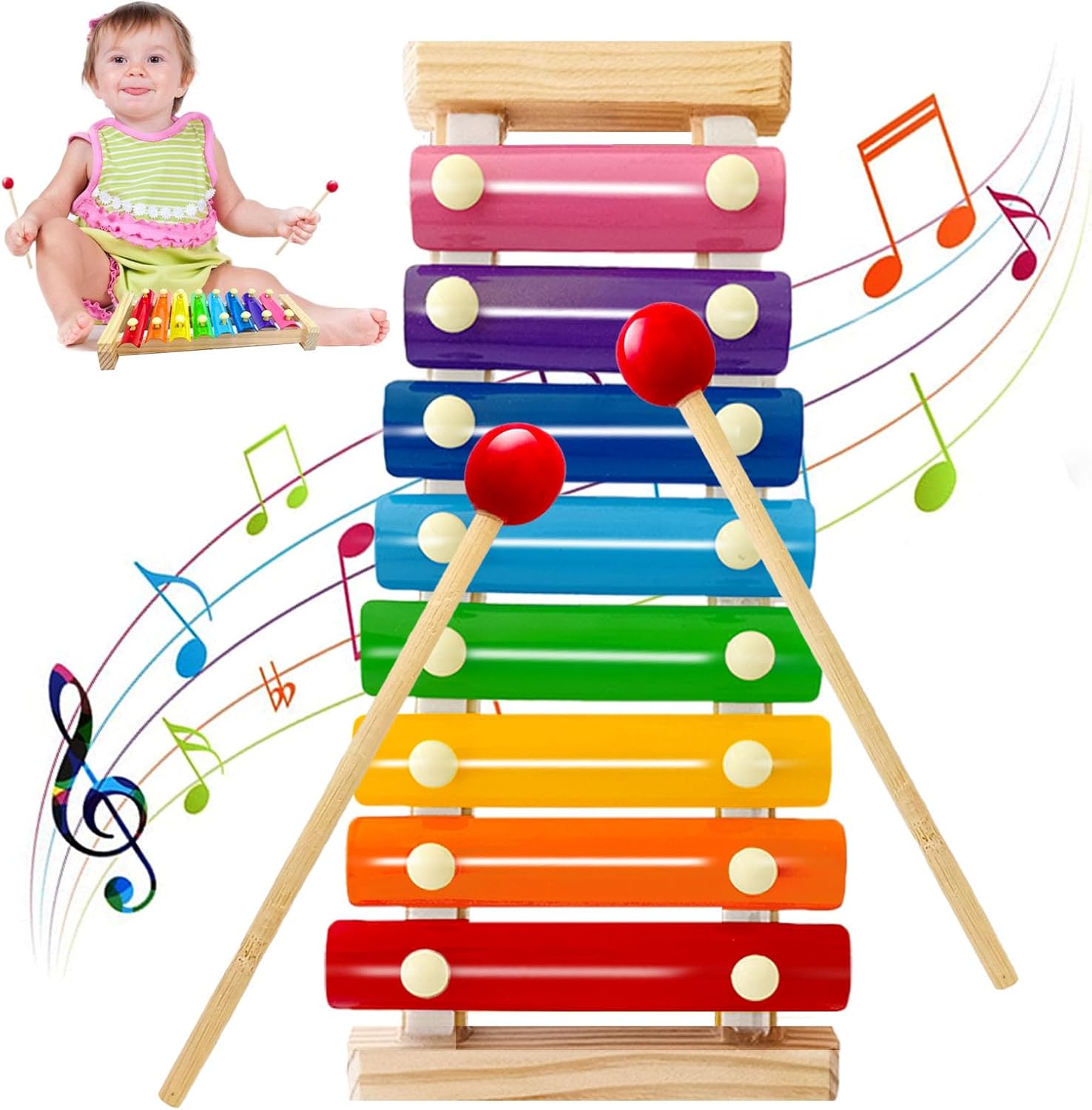 Blvochnnt wooden xylophone for kids front view showing eight colorful diatonic keys and dual mallets