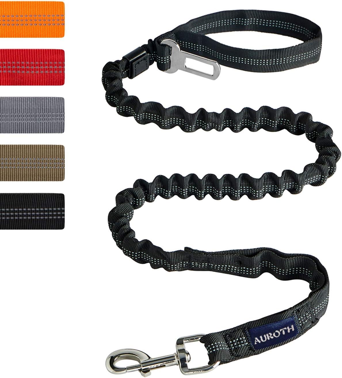AUROTH heavy duty bungee dog leash front view showing black nylon webbing and metal clasp