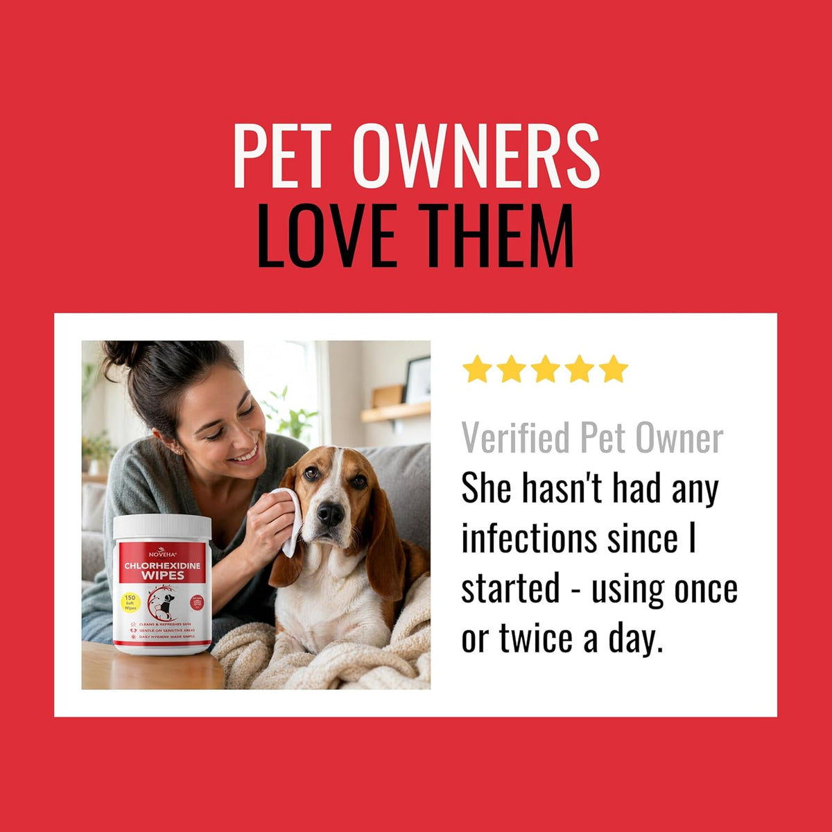 NOVEHA Pet Wipes - Formulated Pet Wipes - for Facial and Finger Folds, Underarms - 3" x 2" Size (150 Counts) - Image 9