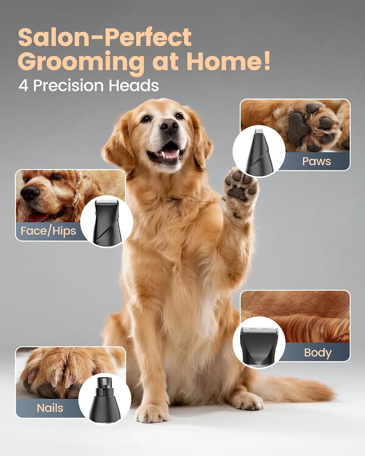Interchangeable narrow trimmer head attached to the device for detailed face and ear grooming.