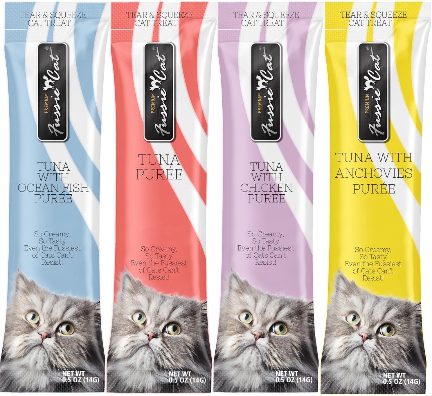 Fussie Cat lickable cat treat tube held for feeding