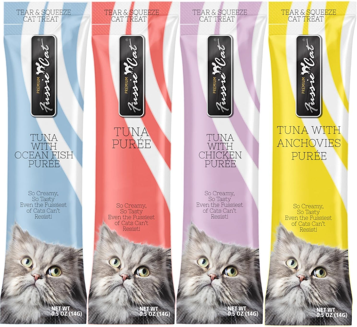 Fussie Cat lickable cat treat tube held for feeding