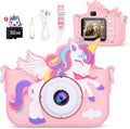 Alotwan kids digital toy camera front view showing pink unicorn protective silicone case.