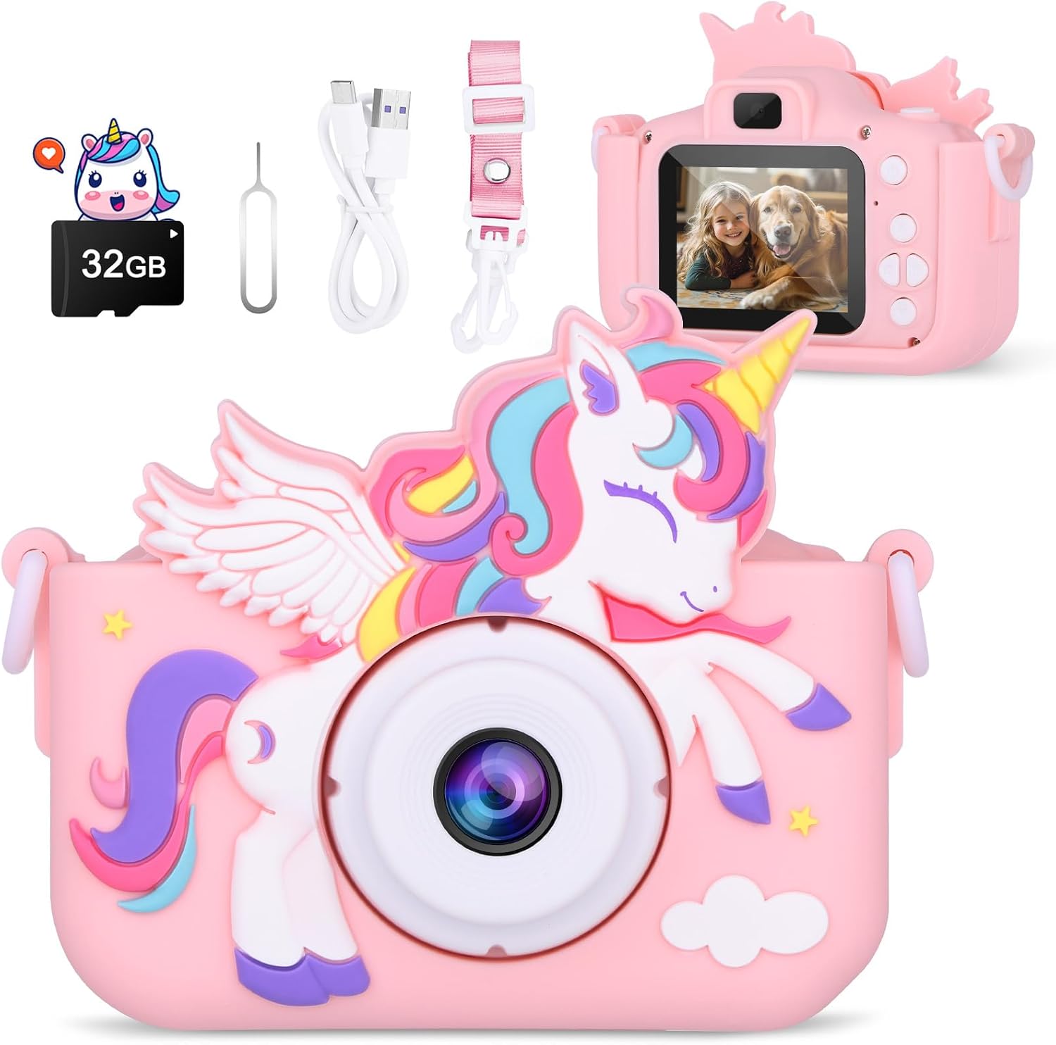 Alotwan kids digital toy camera front view showing pink unicorn protective silicone case.