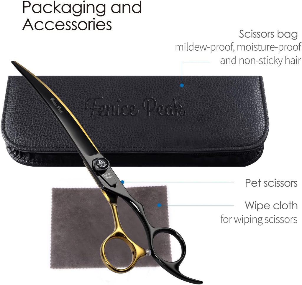 Ergonomic pet grooming scissors showing finger rest and comfortable handle grip orientation