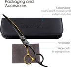 Ergonomic pet grooming scissors showing finger rest and comfortable handle grip orientation