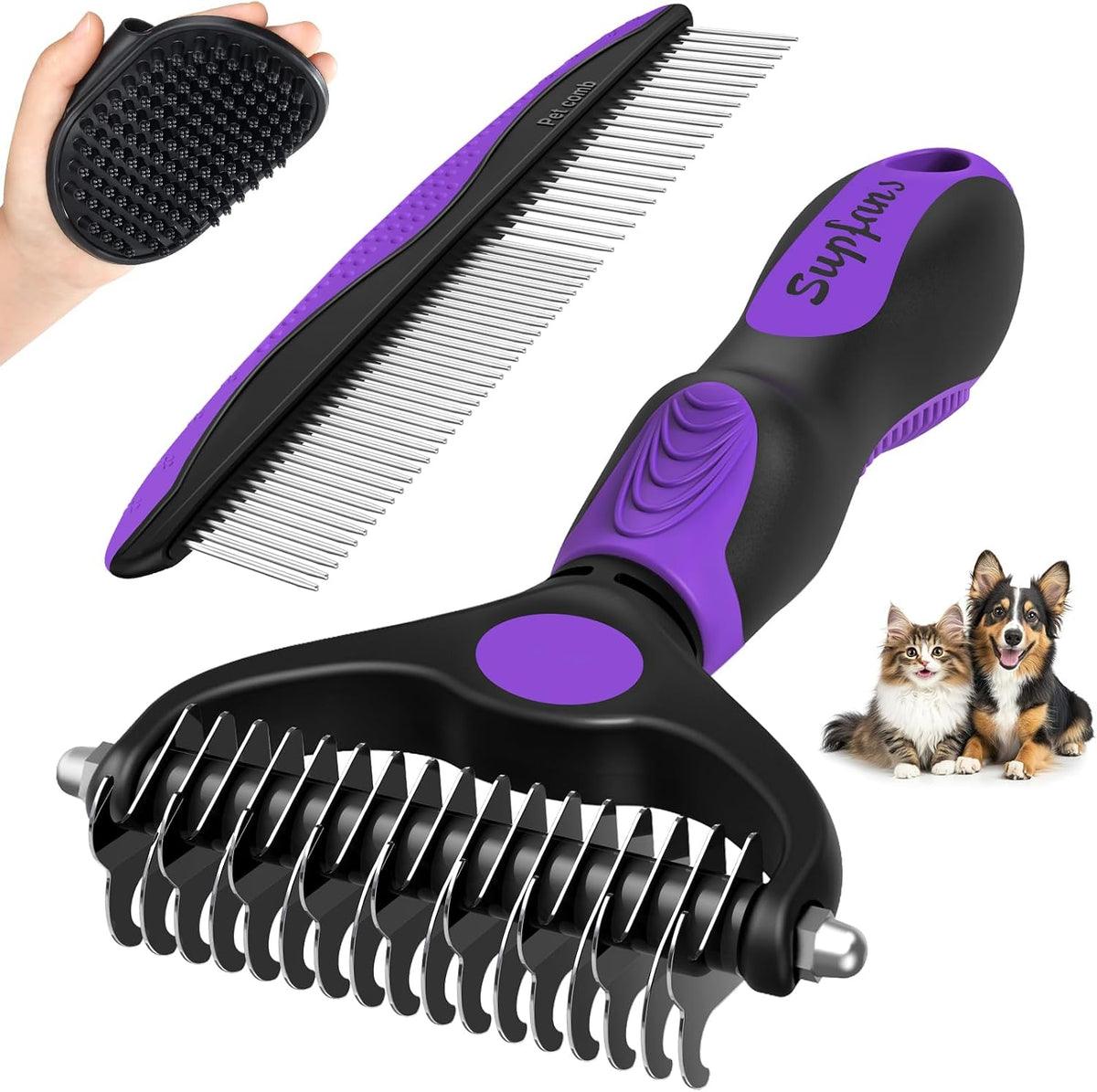 UGNEL 3PCS pet grooming rake and comb set front view showing purple gel handles.